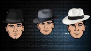 Illustrazione dei tre tipi di hacker: hacker etici, hacker di cappello nero e hacker di cappello grigio. L'immagine rappresenta i diversi approcci e le intenzioni che caratterizzano l'attività di hacking , descritta nell'articolo.