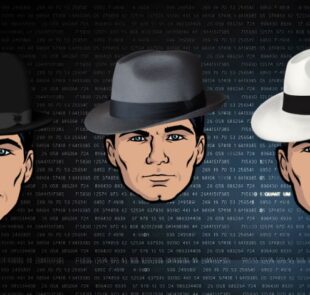 Illustrazione dei tre tipi di hacker: hacker etici, hacker di cappello nero e hacker di cappello grigio. L'immagine rappresenta i diversi approcci e le intenzioni che caratterizzano l'attività di hacking , descritta nell'articolo.